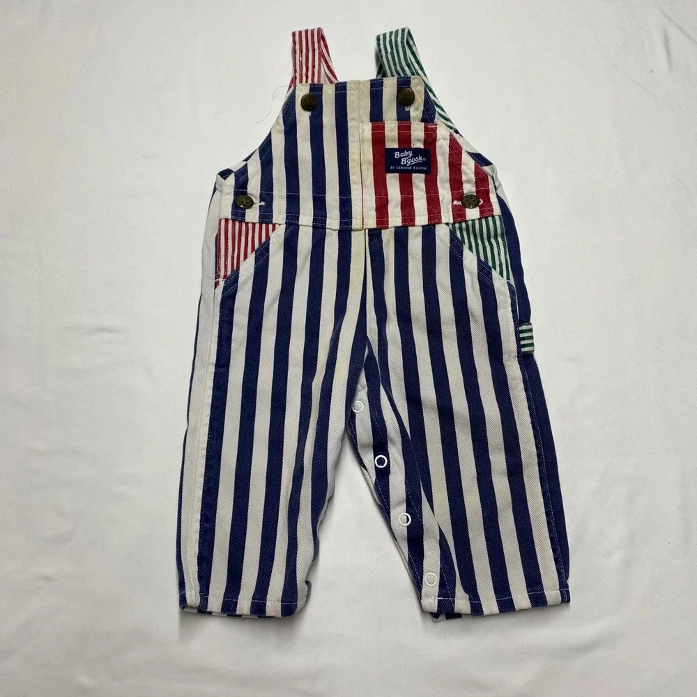 RARE VTG Baby OshKosh B'gosh Striped Overalls 12M Multi Color Denim USA Made 90s